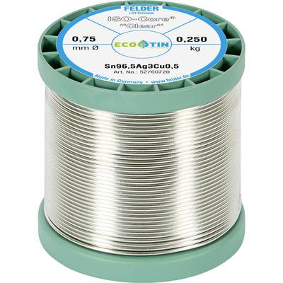 Spool of FELDER ECOTIN solder wire labeled 'ISO-Core', 0.75 mm diameter, 0.25 kg, Sn96.5Ag3Cu0.5.