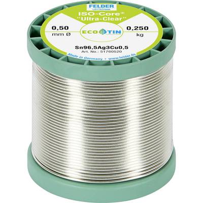 Spool of silver solder wire labeled 'FELDER ISO-Core Ultra Clear', 0.50 mm diameter, 0.250 kg, Sn96.5Ag3Cu0.5, in a green plastic reel.