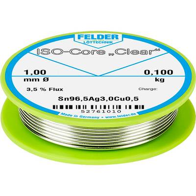 'Solder tin reel by FELDER, ISO-Core "Clear", 1.00 mm diameter, 0.100 kg, 3.5% flux, Sn96.5Ag3.0Cu0.5, manufactured in Germany.'