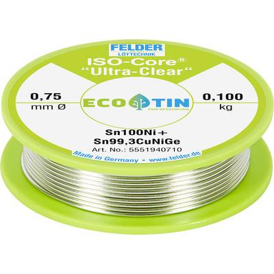 Spool of Feldler Löttechnik ECO-TIN solder wire labeled 'ISO-Core Ultra-Clear', 0.75 mm diameter, Sn100Ni+ / Sn99.3CuNiGe, 0.100 kg, made in Germany.