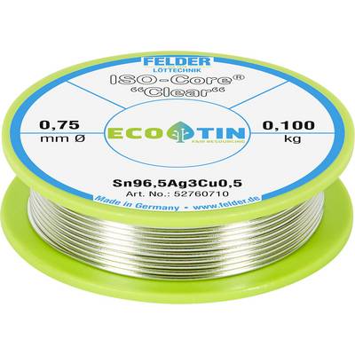 Spool of FELDER LOTTECHNIK ISO-Core Clear solder wire, labeled 0.75 mm diameter and 0.100 kg, with ECO-STIN branding.