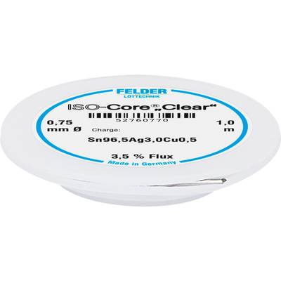 Solder Tin Reel 'ISO-Core Clear' by Felder. Diameter: 0.75 mm, Length: 1 m. Alloy: Sn96.5Ag3.0Cu0.5, Flux: 3.5%, Made in Germany.