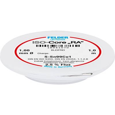 Lead-free solder wire from FELDER with inscription 'ISO-Core "RA"' and composition S-Sn99Cu1, lead-free, 1 mm diameter, contains rosin.