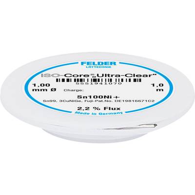 Tin can with 'ISO-Core Ultra-Clear' from Felder Soldering Technology. Contains Sn100Ni+, 1.00 mm diameter, 2.2% flux, manufactured in Germany.
