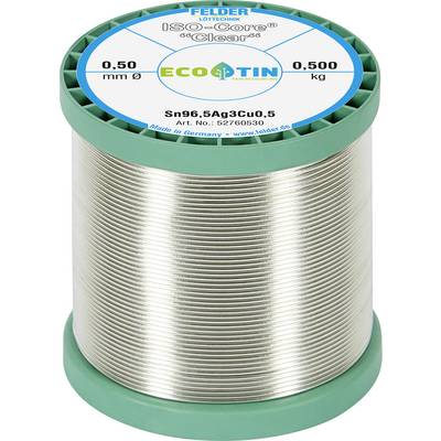 Spool of silver solder wire labeled 'FELDER ECO TIN' with 0.50 mm diameter and 0.500 kg weight on a green plastic reel.<br>