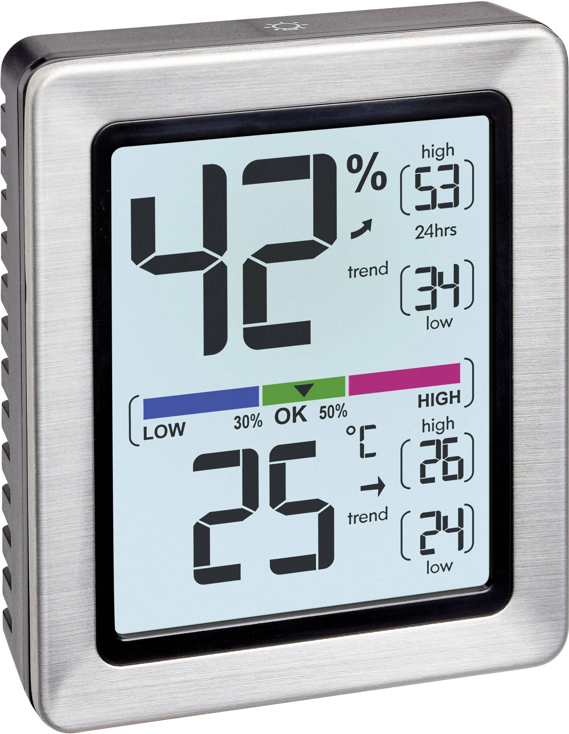 Digital Hygrometer and Thermometer. Displaying 42% humidity and 25 degrees Celsius. Arrows indicate an upward trend.