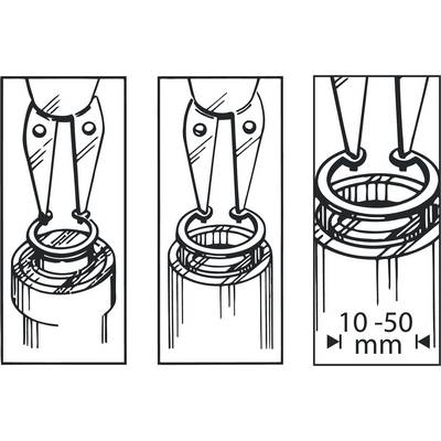 Three illustrations show pliers opening a retaining ring on a cylinder. The distance ranges from 10-50 mm.