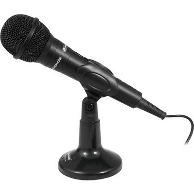 A black microphone sits on a table stand, connected with a cable. Ideal for presentations or singing.