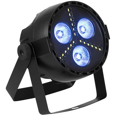 Black LED spotlight with three blue illuminated lenses and stand, suitable for stage lighting or party decoration.