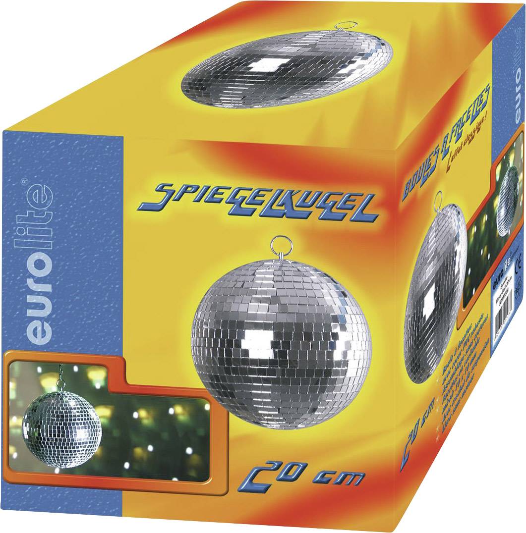 Packaging for a 20 cm mirror ball by the brand Eurolite, with an image of the ball against an orange-yellow background.