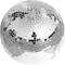 Silver disco ball with numerous small mirror tiles that reflect light and are used for parties or dance events.