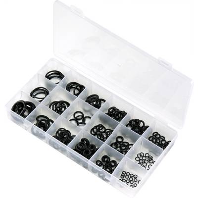 An opened plastic container with various black rubber sealing rings arranged in multiple compartments.
