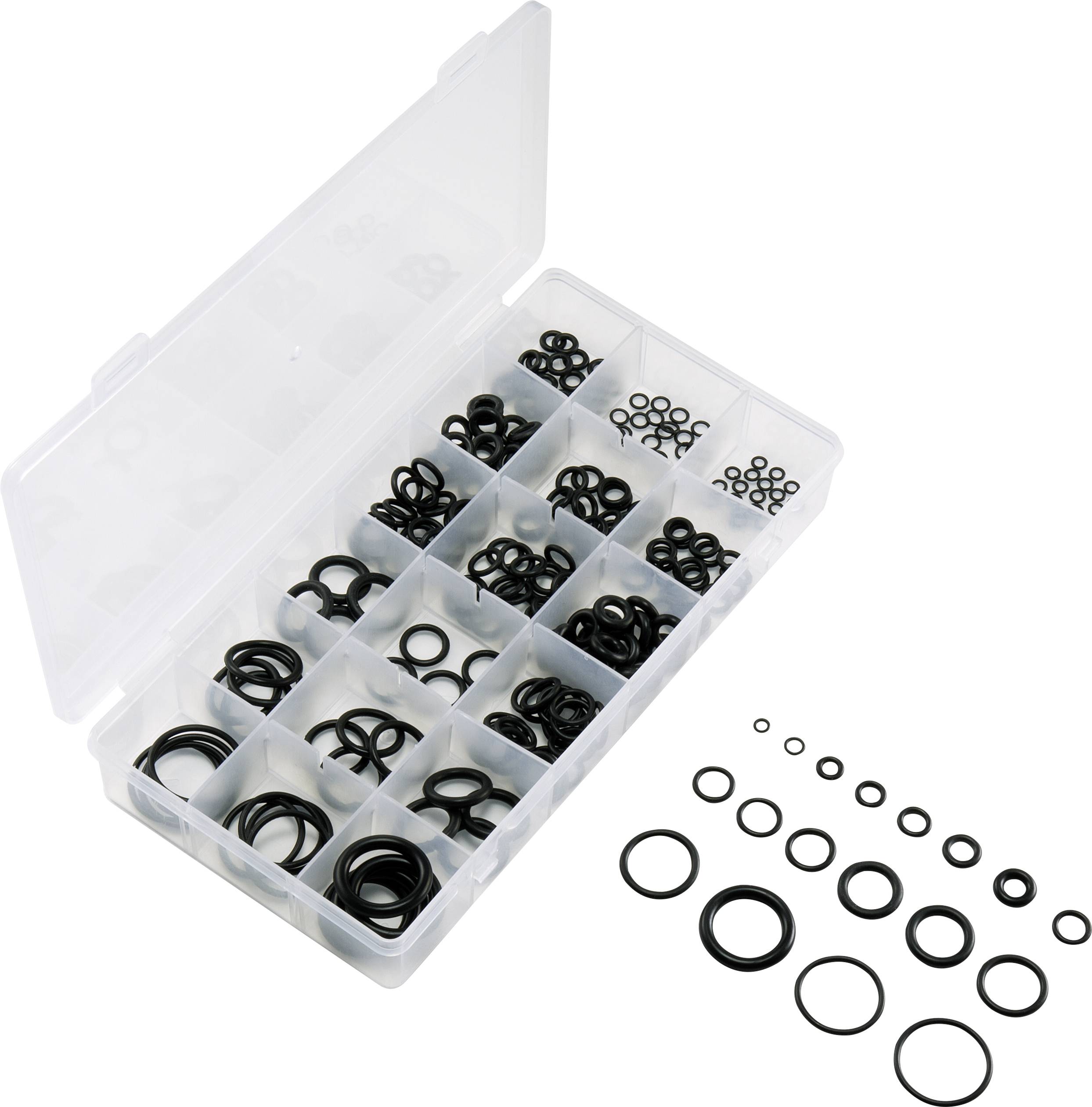 A plastic box with compartments contains various black O-rings in different sizes, neatly arranged and lined up alongside each other.