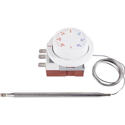 A mechanical temperature controller with a rotary knob and temperature display, connected to a capillary tube for temperature measurements.
