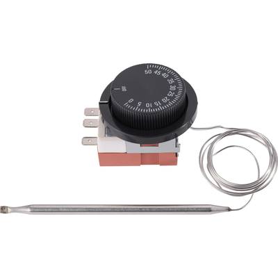 Thermostat with rotary dial, scale from 0 to 50 degrees, connected to a long, coiled sensor.
