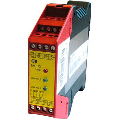 Electronic safety relay with red side panels, yellow front label, and LED indicators for operational status and channel states.