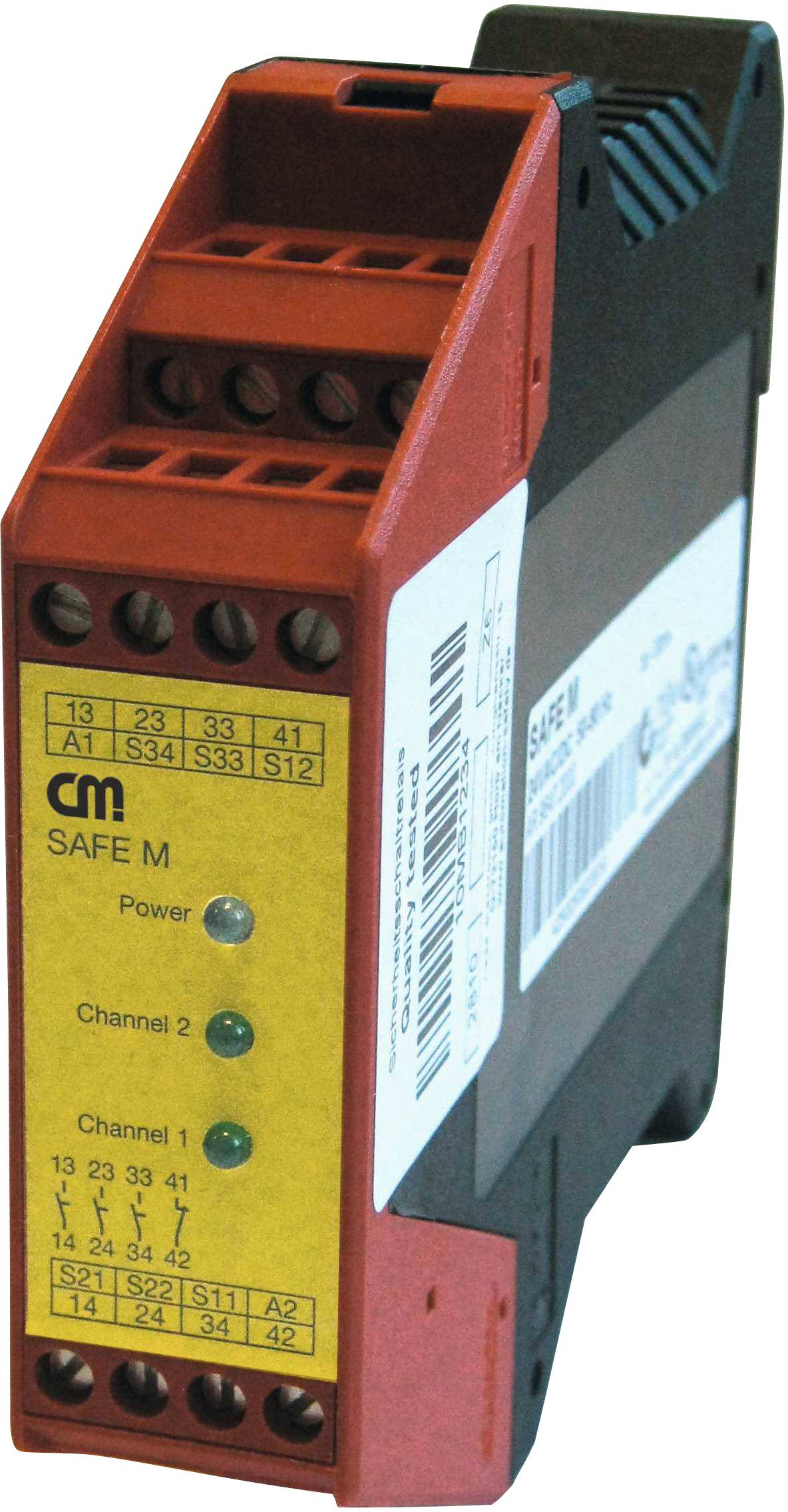 A safety relay module with connection terminals and LED indicators for power and channel status, used in industrial applications.