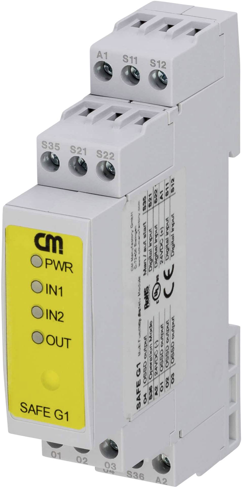 A safety relay module with a yellow front displays status LEDs for 'PWR', 'IN1', 'IN2', 'OUT'. It is designed for industrial applications.