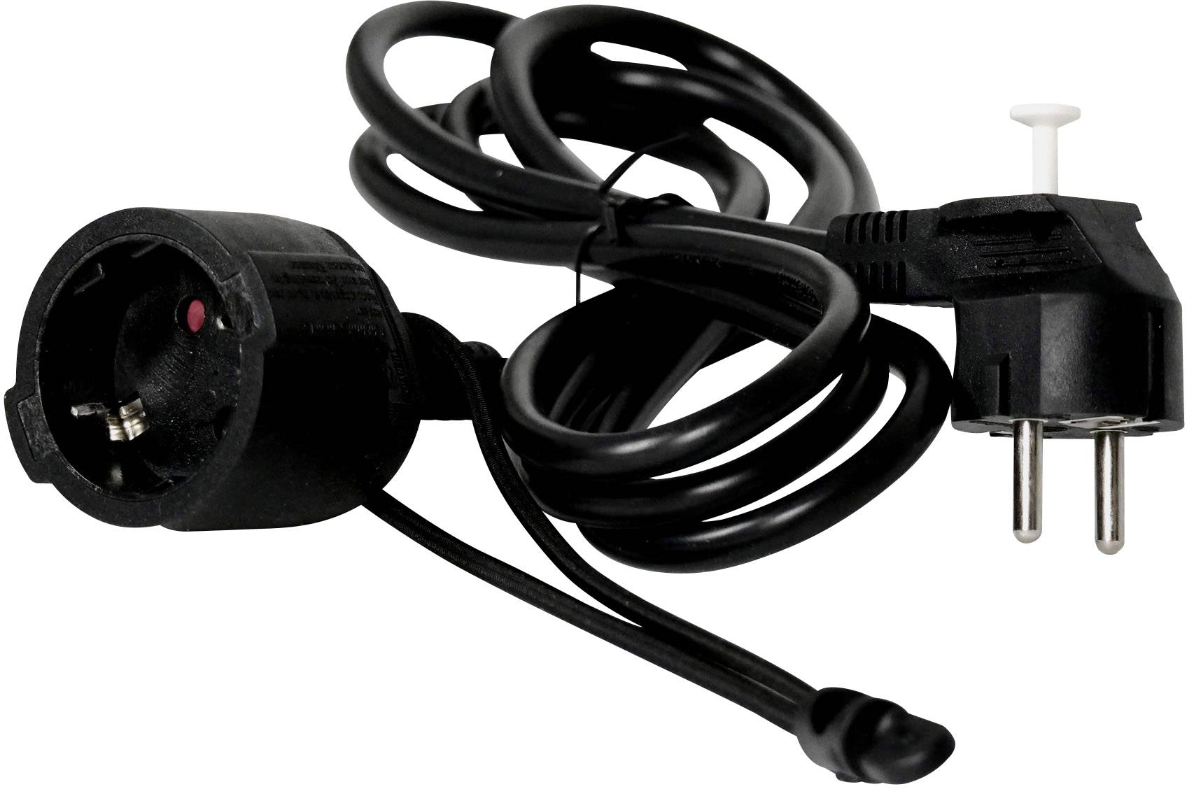 Black extension lead with a Schuko socket on the left and a Schuko plug on the right. The plug is connected to the cable.