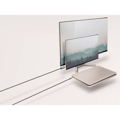 A laptop is connected to two monitors. Both screens are displaying misty forest landscapes. Cables connect the devices.