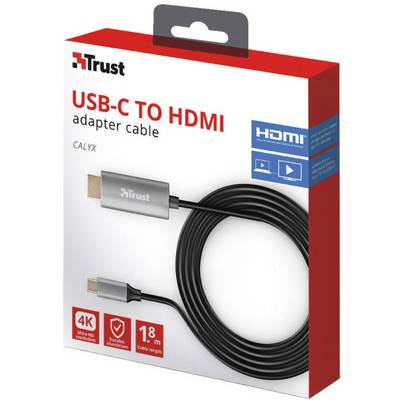 Packaging of a Trust USB-C to HDMI adapter cable. Supports 4K HDMI, suitable length 1.8 metres. Illustration of both connectors.