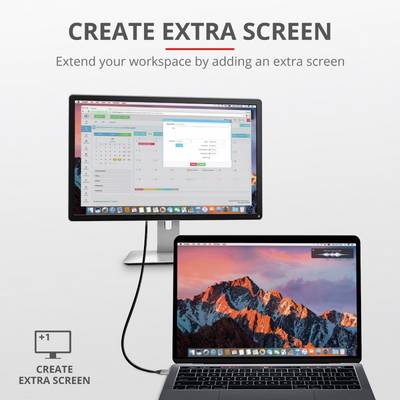 'ADD AN EXTRA SCREEN' and 'EXTEND YOUR WORKSPACE by adding an extra screen'. Laptop connected to a second monitor via HDMI cable.