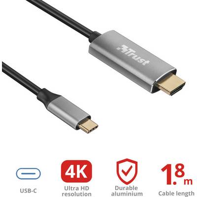 Aluminium USB-C to HDMI Cable. Supports 4K Ultra HD resolution. Length: 1.8 m. Brand name visible on casing.
