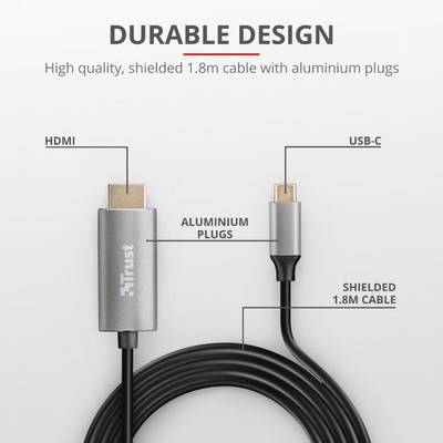 High-quality, shielded 1.8 m cable with aluminium connectors, HDMI to USB-C. Brand name 'Trust', highlighted for its robust design.