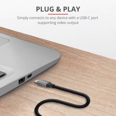 A silver laptop on a wooden table with a black USB-C cable beside it. Text 'PLUG & PLAY' indicates compatibility.