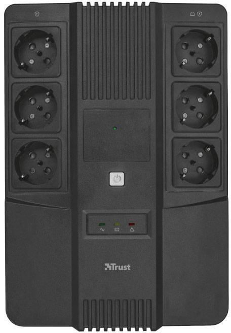 'Black UPS (uninterruptible power supply) with six sockets, indicator lights and a network switch in the centre.'