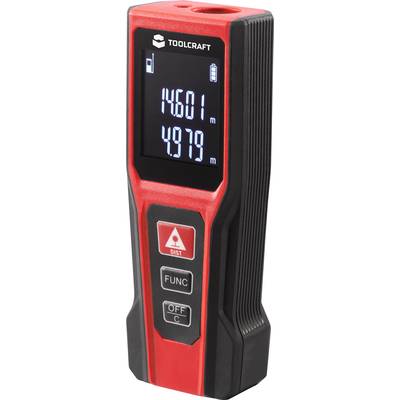 Red digital laser distance meter by Toolcraft with display showing: '146.01 m' and '4.979 m'. Includes function buttons.