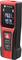 Red digital laser distance meter by Toolcraft with display showing: '146.01 m' and '4.979 m'. Includes function buttons.