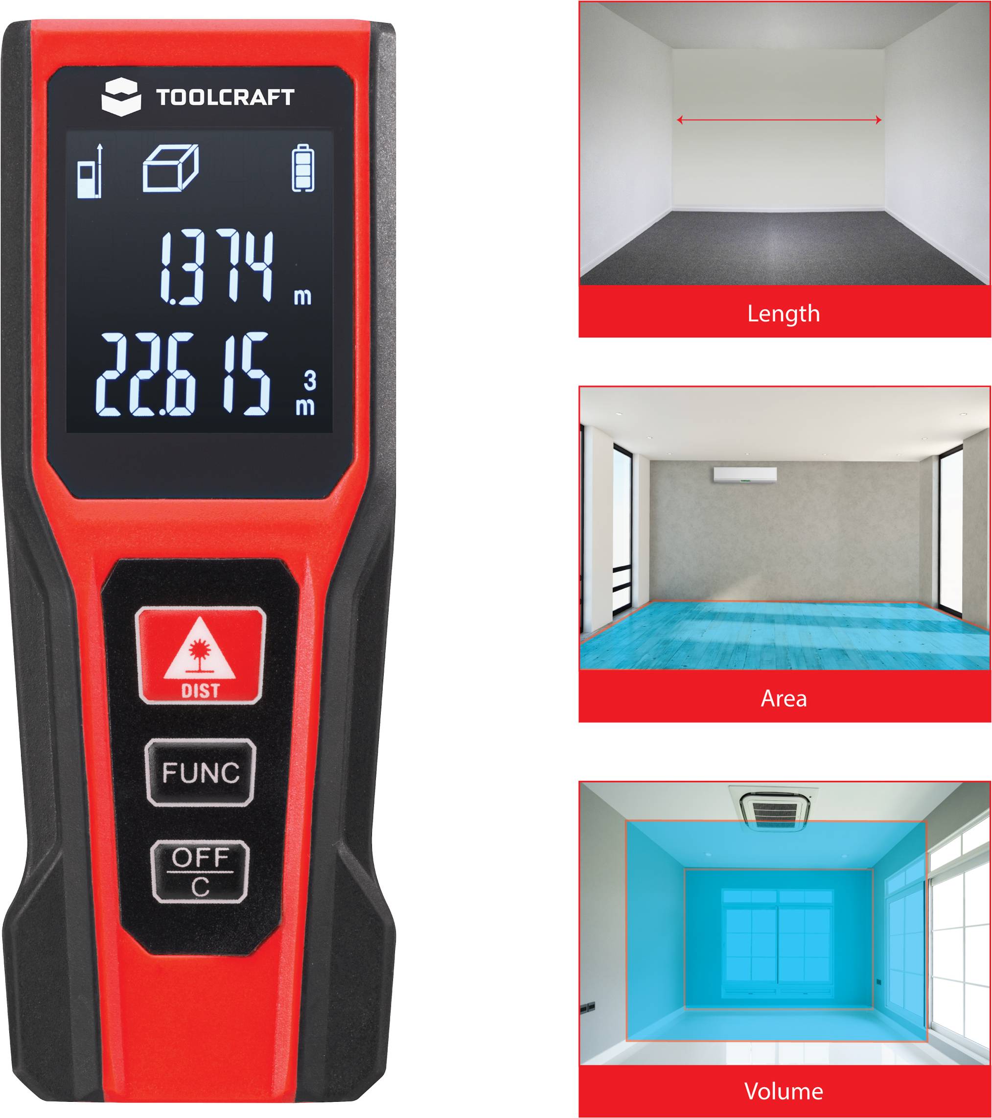 Laser distance metre shows measurements for length, area and volume. Three images illustrate the measurement ranges.