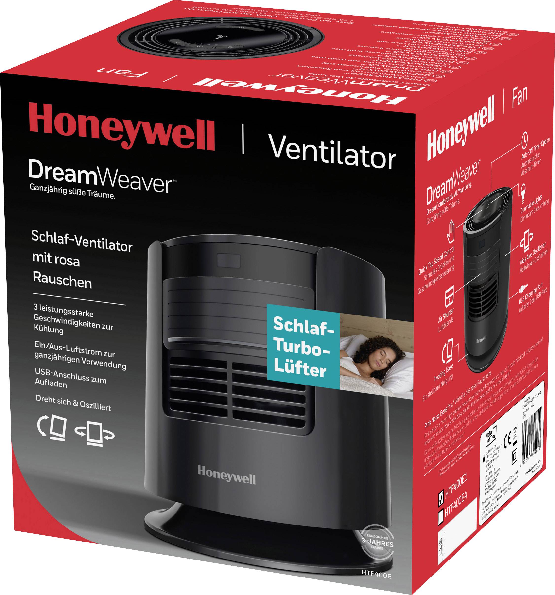 Black Honeywell DreamWeaver Fan in packaging; showcasing features like pink noise and airflow; image of a woman sleeping.
