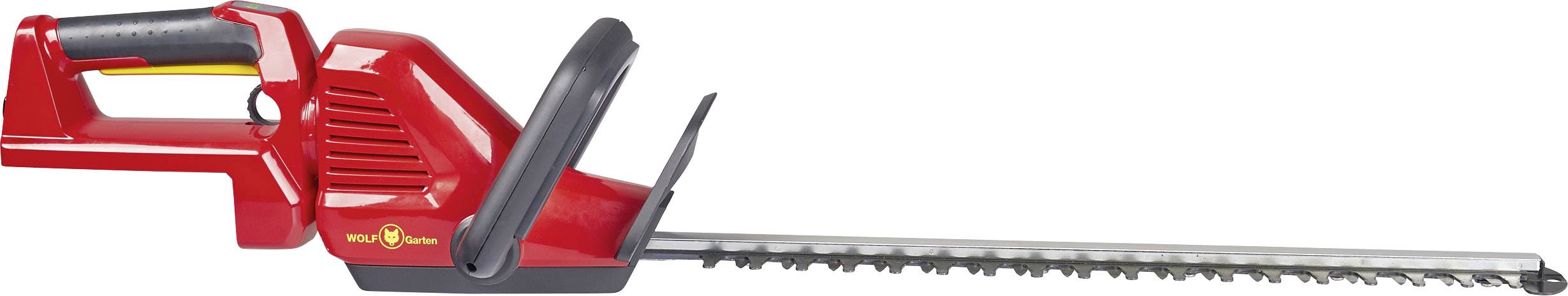 Red electric hedge trimmer with black handle and blade guard. Suitable for trimming hedges in the garden.