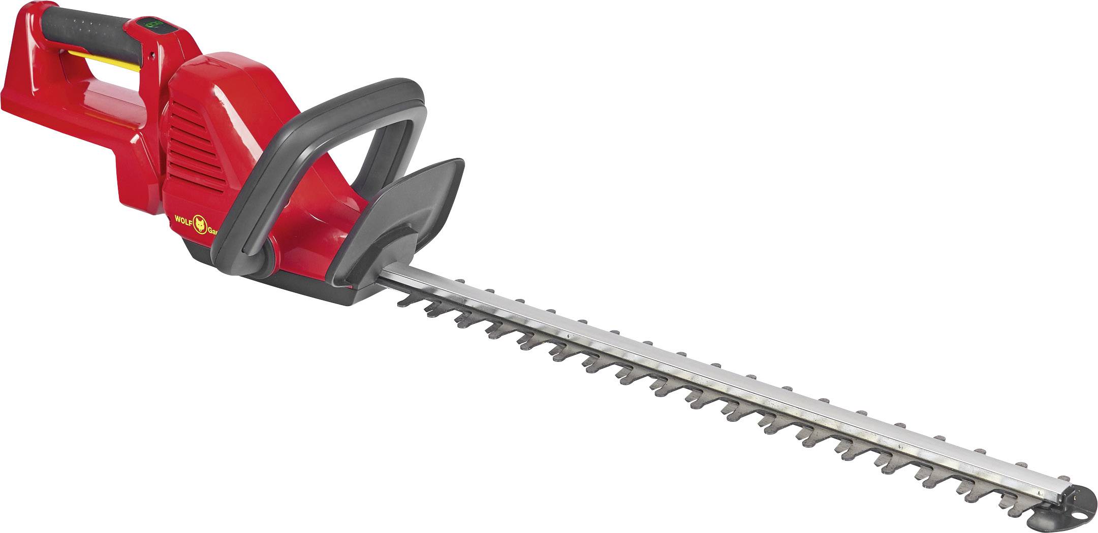 A red electric hedge trimmer with a long silver cutting blade, suitable for trimming hedges and shrubs.