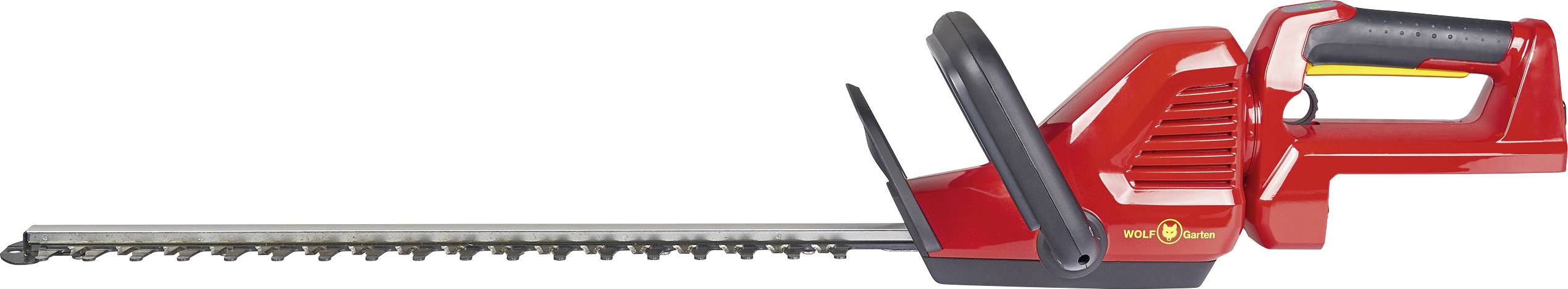 Red electric hedge trimmer with long metal blade bar and black protective handle, suitable for precise cutting work in the garden.