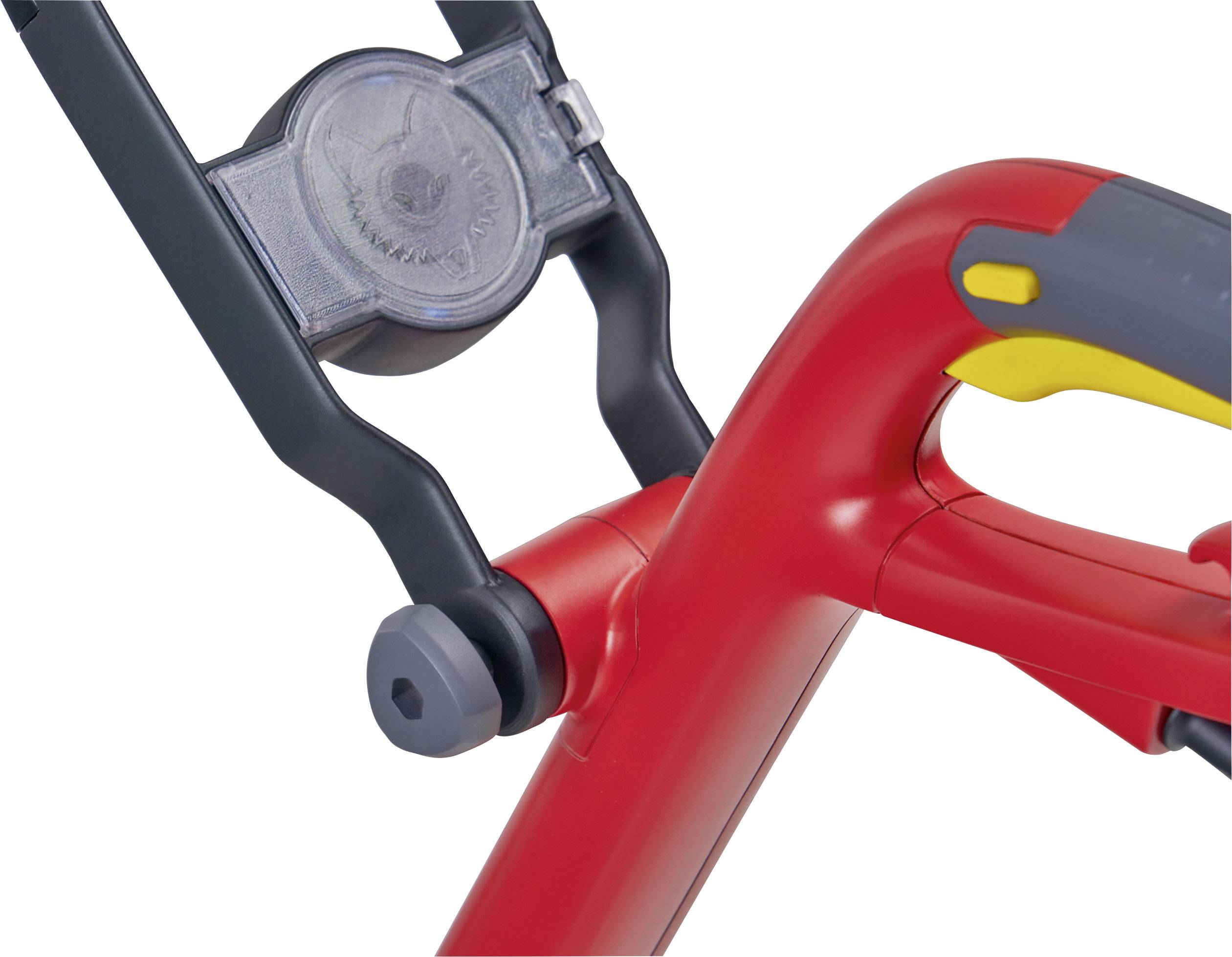 Close-up of a red handle with black and yellow elements, likely from a garden tool, showing robust construction and details.