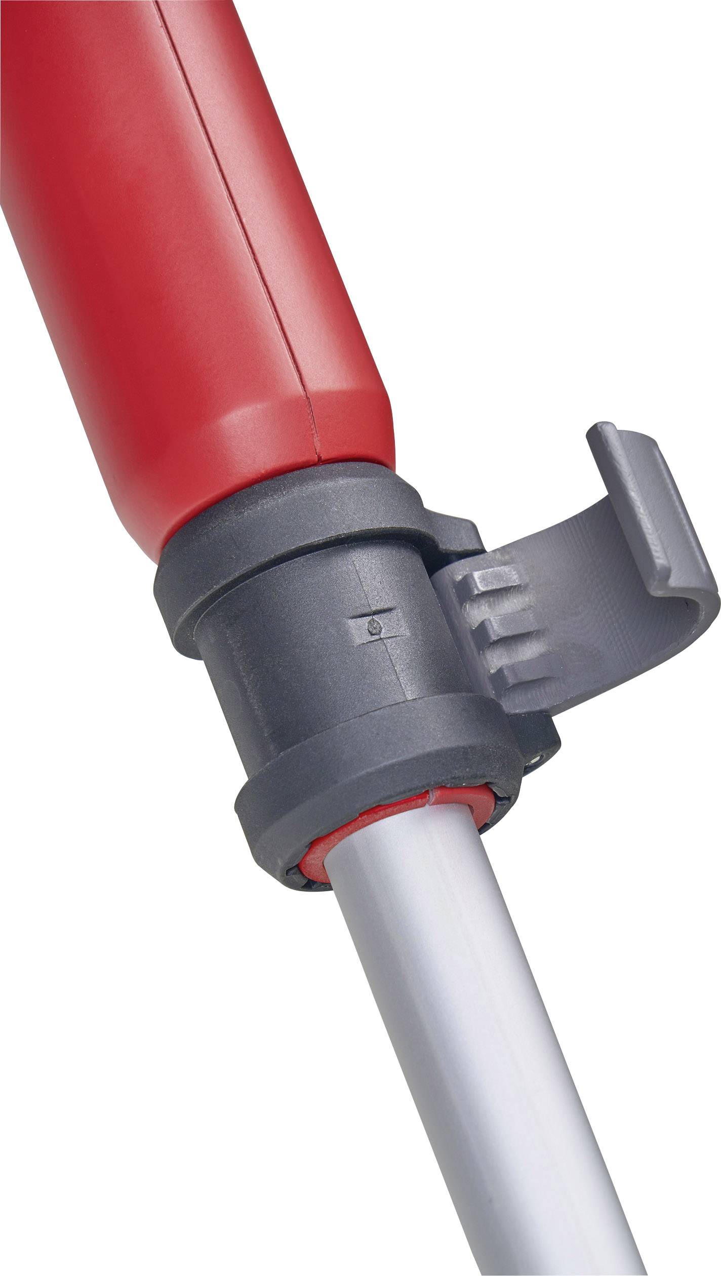 Close-up of a red plastic rod with a grey clip and metal shaft. The clip is likely used for adjusting the length.