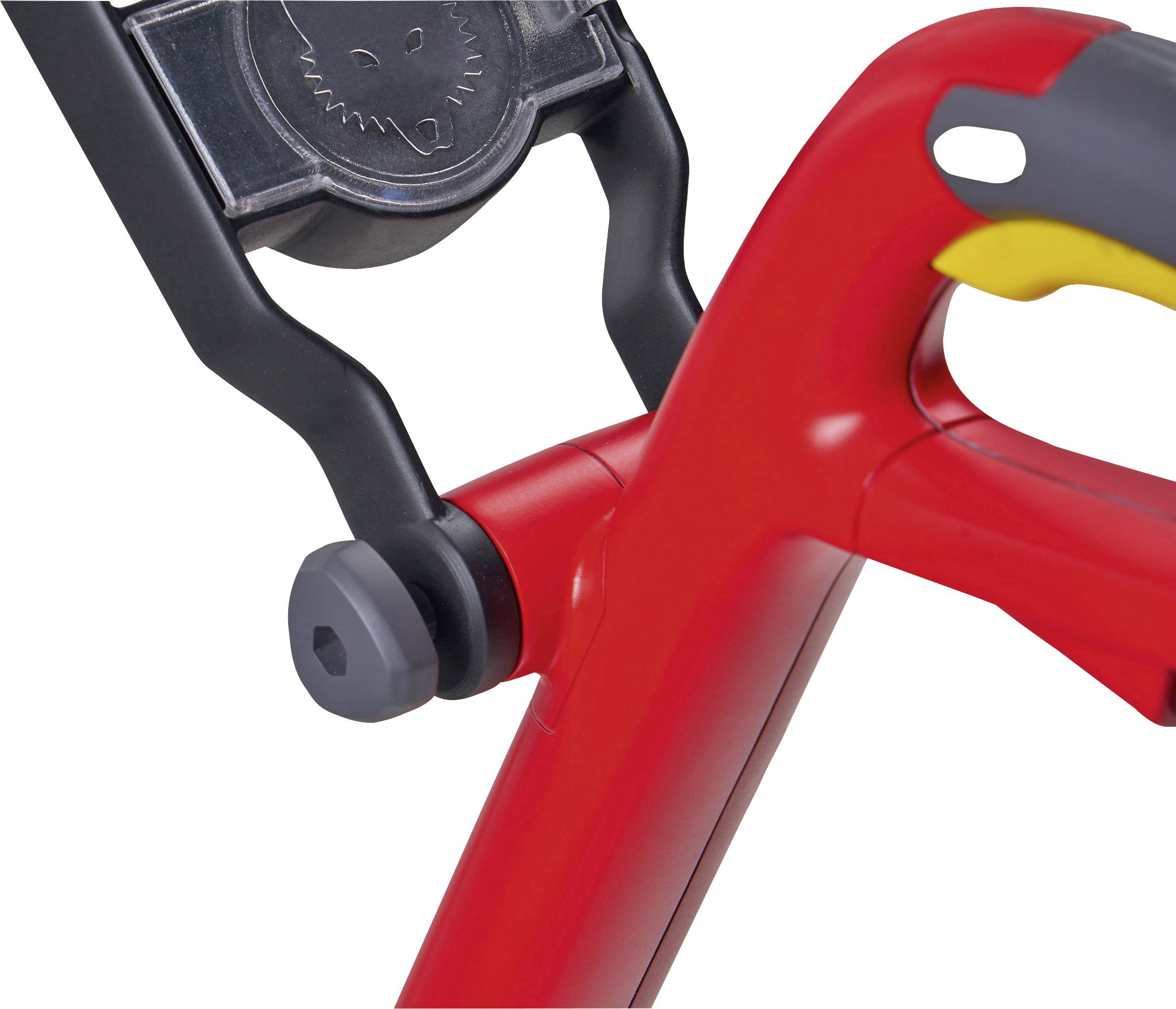 Red handle of a garden tool with a black fastening mechanism and yellow accent.