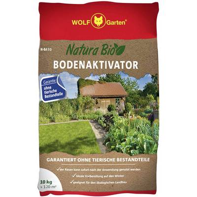 A red packet of 'Natura Bio Soil Activator' with a garden image. Text: 'Guaranteed free from animal ingredients', ideal for organic farming.