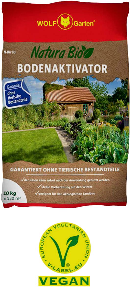 'Natura Bio Soil Activator' by WOLF-Garten. Packaging shows garden shed and flower bed. Vegan, 10 kg covers 120 m².