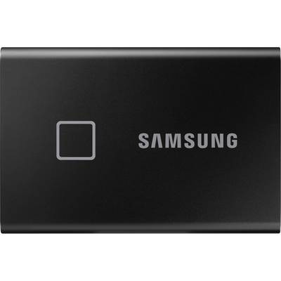 External Samsung hard drive in a black casing, rectangular in shape with a grey logo on the top surface.