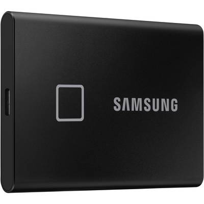 External Samsung hard drive with a black casing and a fingerprint scanner, suitable for data storage and security.