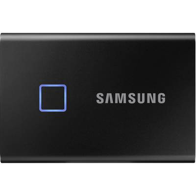 Black portable Samsung SSD with a square, illuminated indicator on the left and grey 'Samsung' logo on the right.