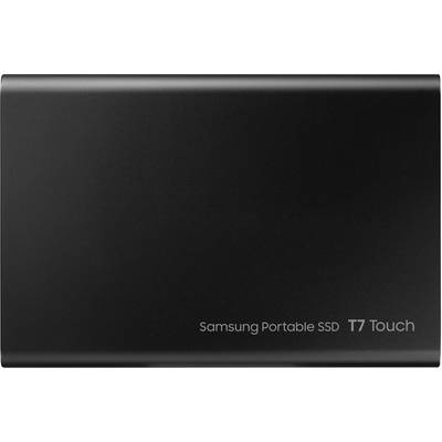 External SSD hard drive 'Samsung Portable SSD T7 Touch' in a black casing. Device details are labelled on the front side.