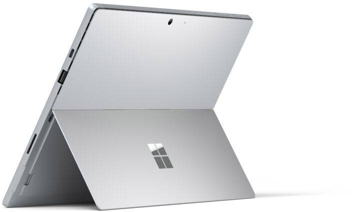 A silver tablet with an integrated stand, with the logo of a well-known tech company on the back.