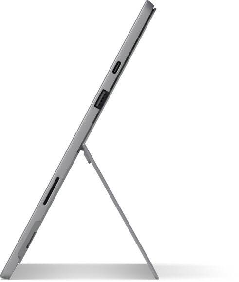 Silhouette of a tablet positioned sideways on a flat stand. It highlights the device's slim design and connectivity options.