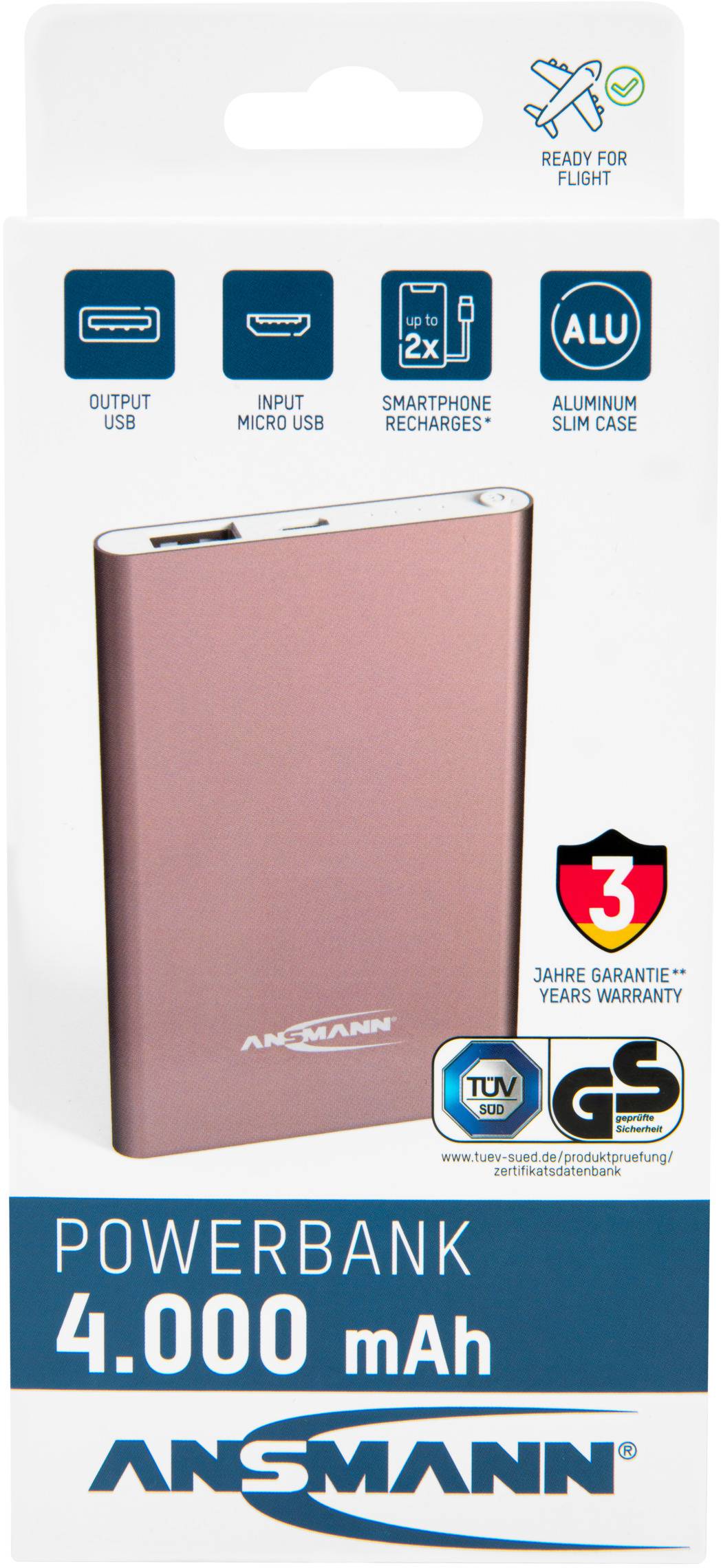 Ansmann 4Ah Power bank 4000 mAh Smart IC LiPo Micro USB, USB Rose Status display-8