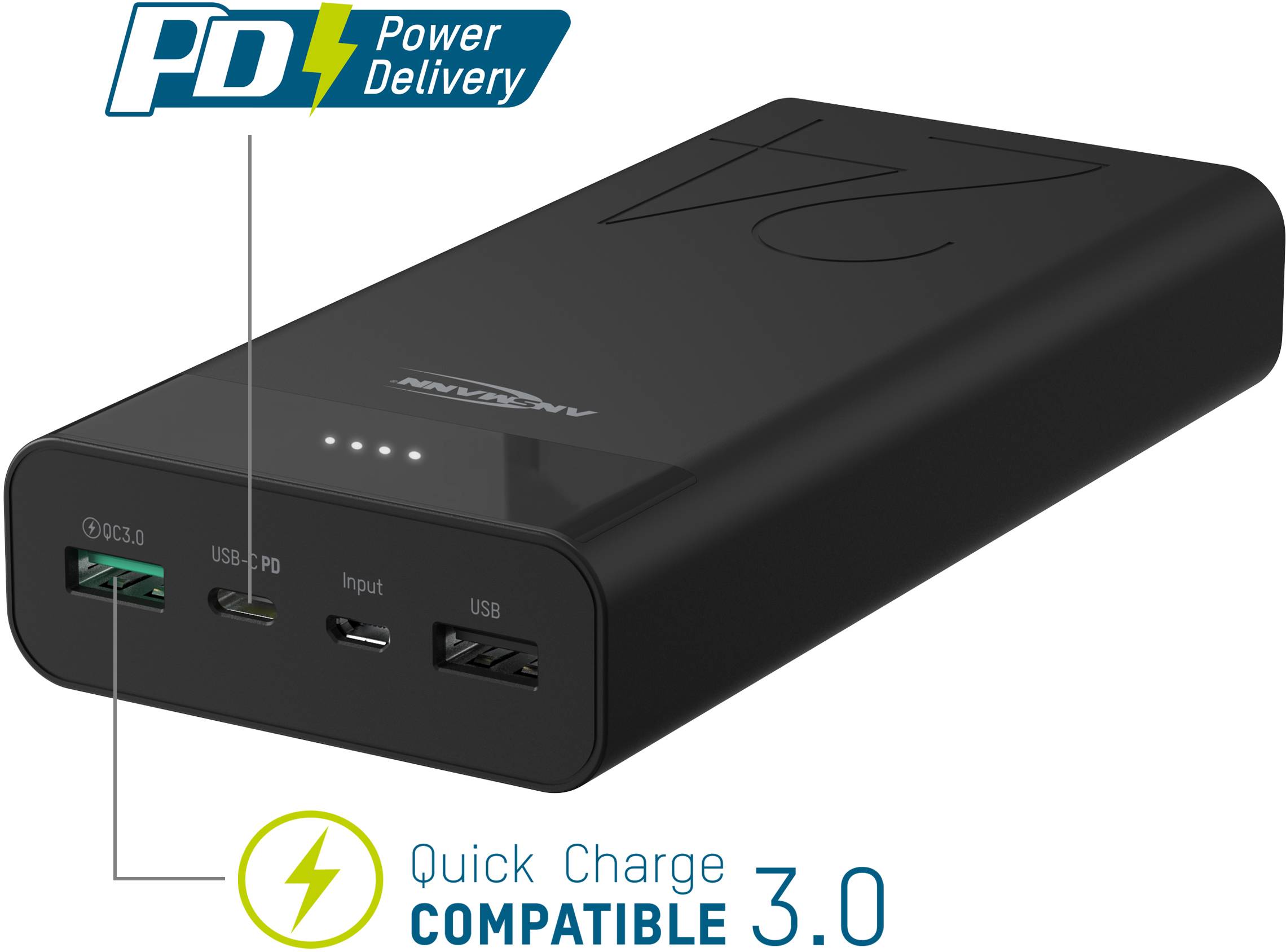 Ansmann 24Ah PD Power bank 24000 mAh Power Delivery, Quick Charge 3.0 LiPo Black Status display-10